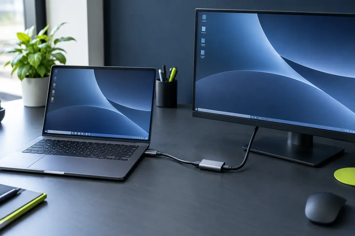 Ordinateur portable relié à un écran externe par un adaptateur USB-C vers HDMI