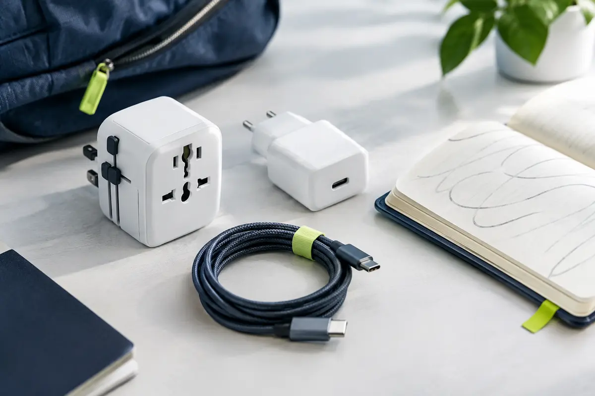 Adaptateur de voyage et chargeur secteur posés près d’un carnet avant le départ