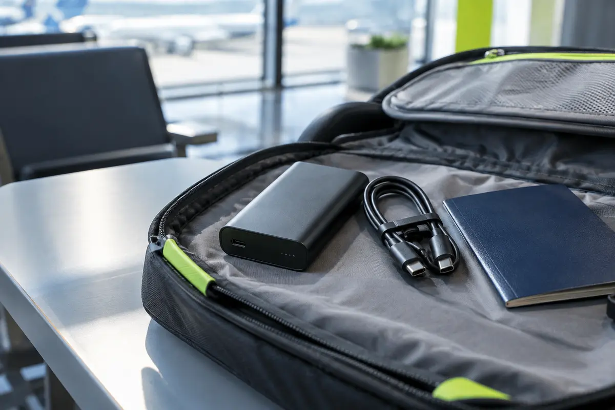Batterie externe et câble USB-C préparés dans un sac de voyage avant un trajet en avion.