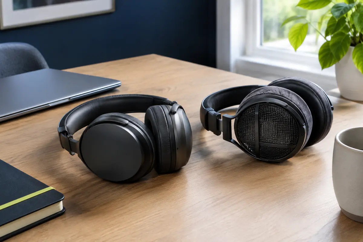 Deux casques audio, l’un fermé et l’autre ouvert, posés sur un bureau à domicile.