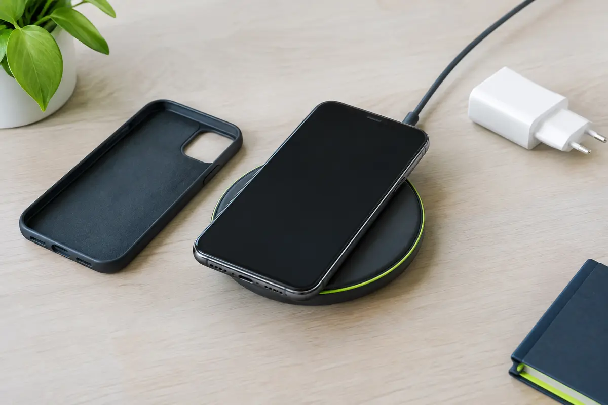 Smartphone centré sur un chargeur à induction, avec sa coque retirée pour vérifier la recharge.