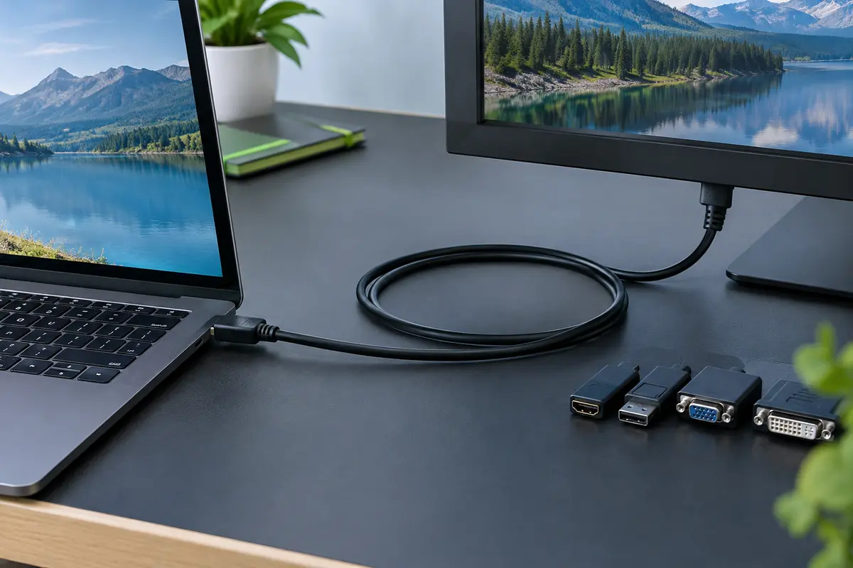 Câble HDMI relié à un écran, avec ses connecteurs visibles et un trajet posé sans tension.
