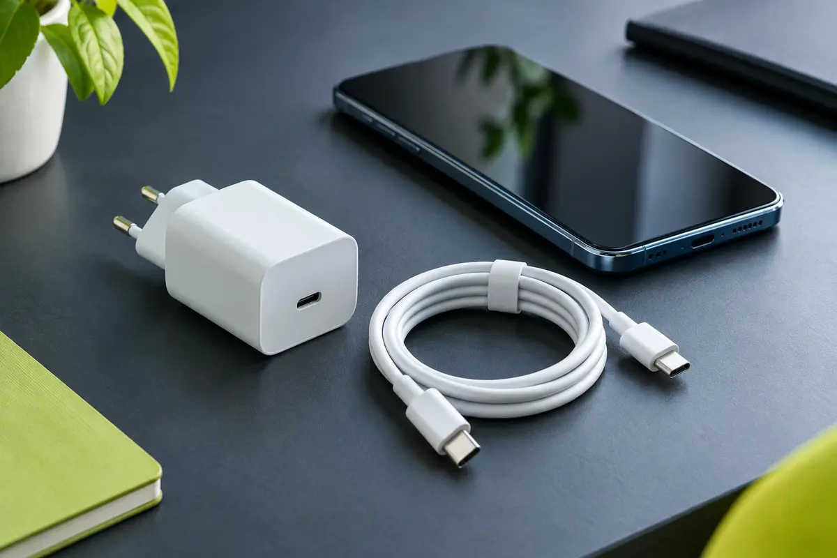 Chargeur secteur USB-C, câble et smartphone réunis sur un bureau pour illustrer leur compatibilité.
