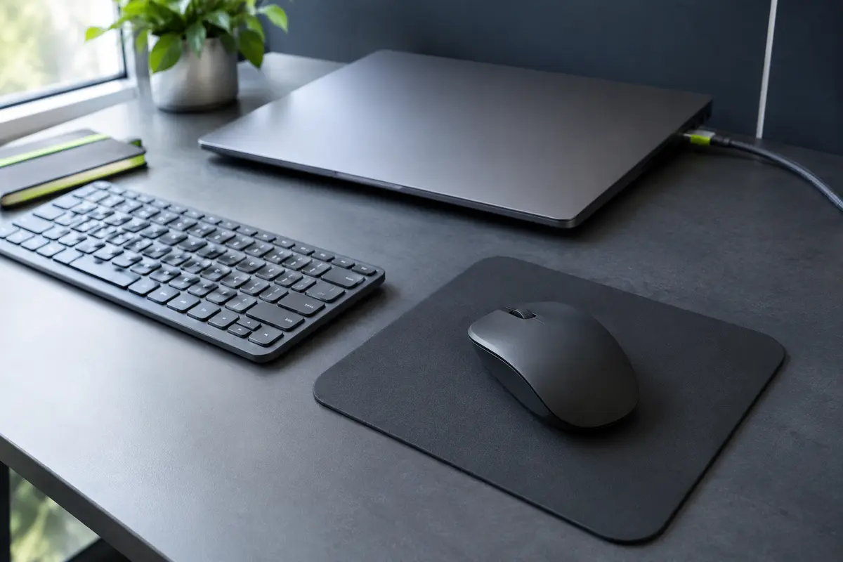 Souris informatique sur un tapis mat dans un espace de travail compact, près d’un clavier.