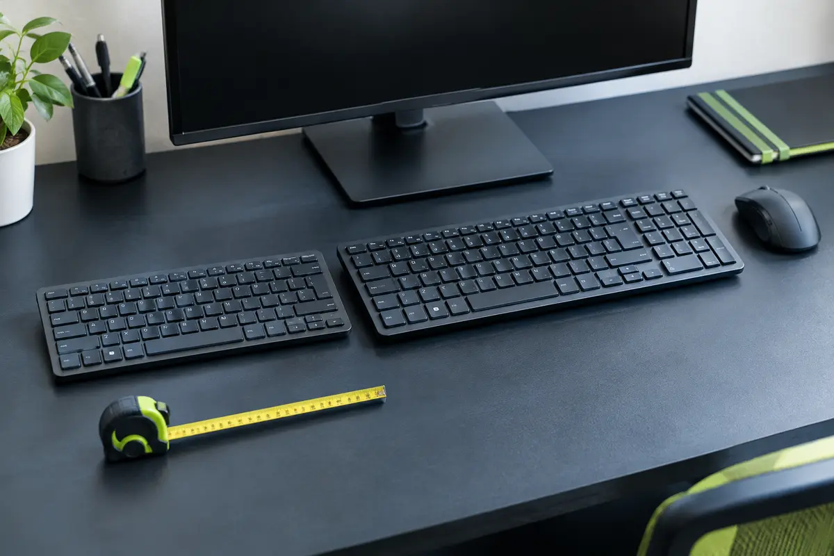 Clavier compact et clavier pleine taille comparés sur un bureau avec une souris et un mètre ruban.