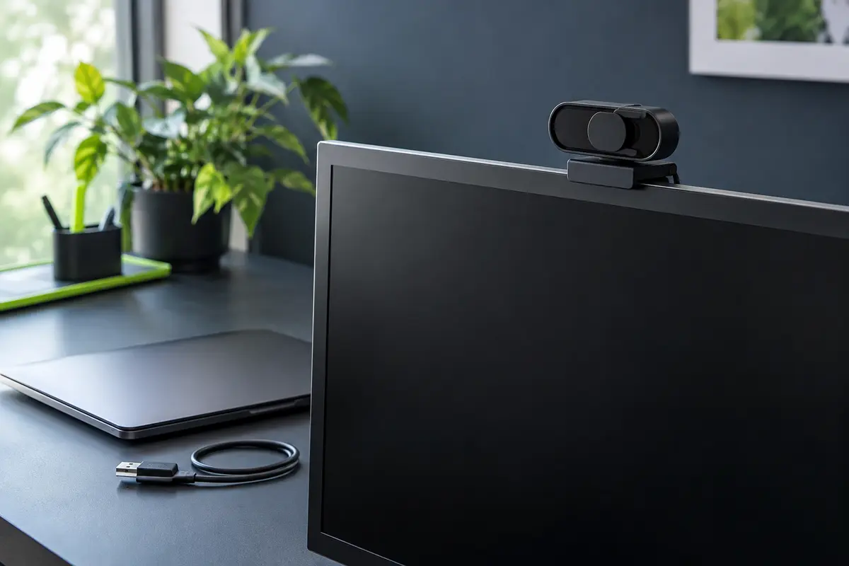 Webcam externe fixée à un écran avec son cache physique fermé sur l’objectif.