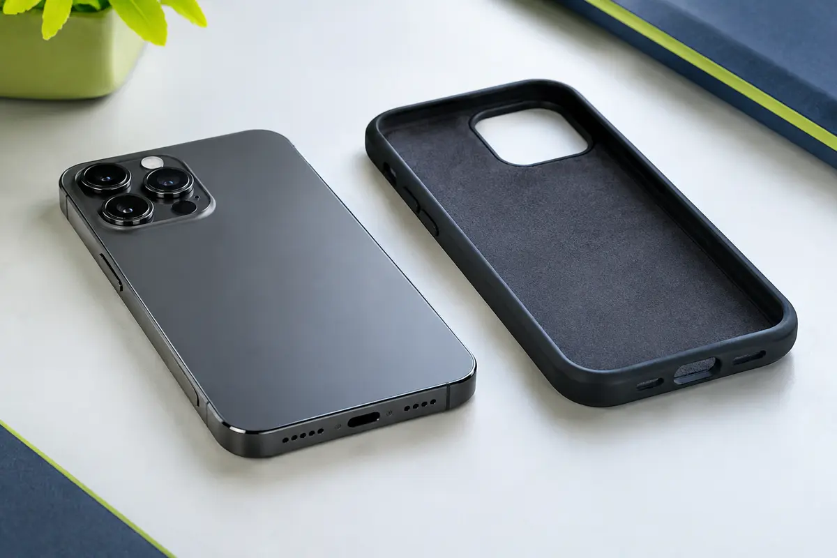 Smartphone et coque posés côte à côte pour comparer les dimensions et les découpes du bloc photo.