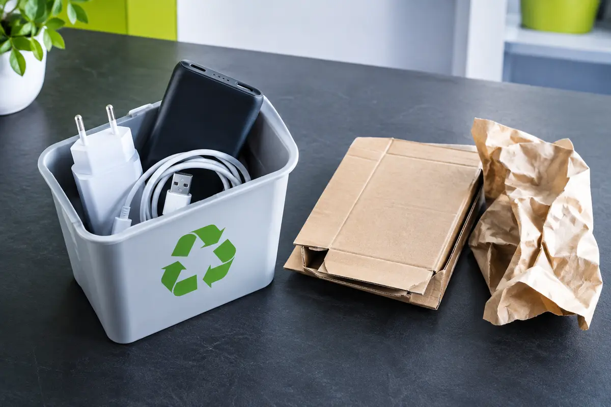 Chargeur, câble et batterie externe séparés d’une boîte en carton pour illustrer le tri des DEEE et des emballages