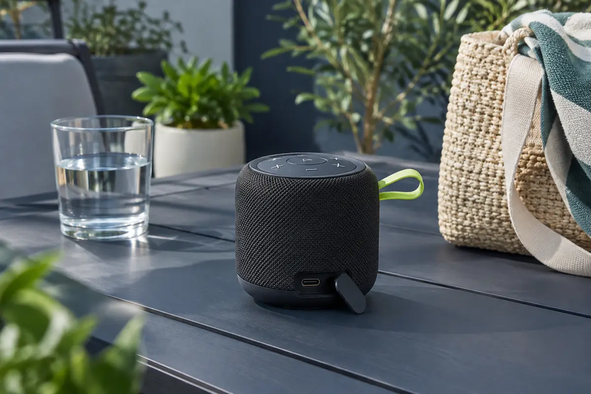 Enceinte Bluetooth portable posée à l’ombre sur une terrasse, à l’écart de l’eau et du sable.