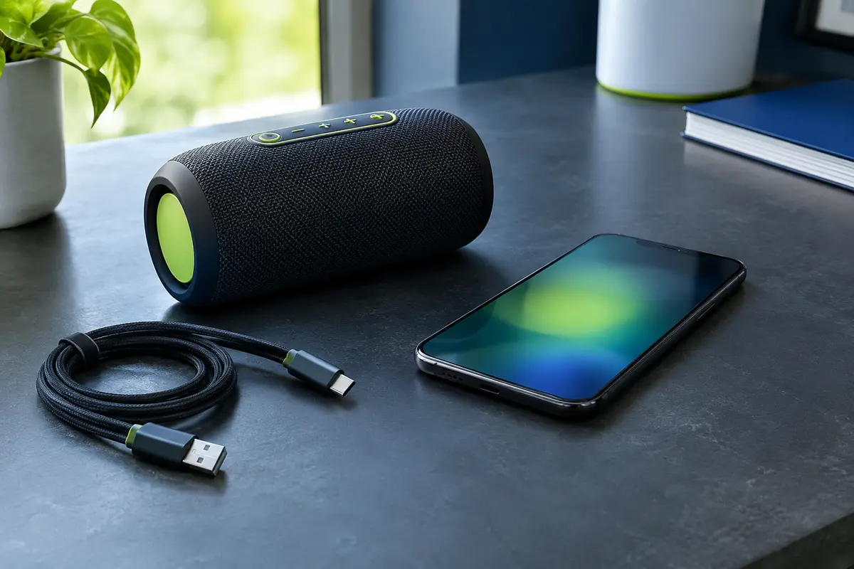 Enceinte Bluetooth et smartphone posés près d’un câble de charge pour illustrer un dépannage.