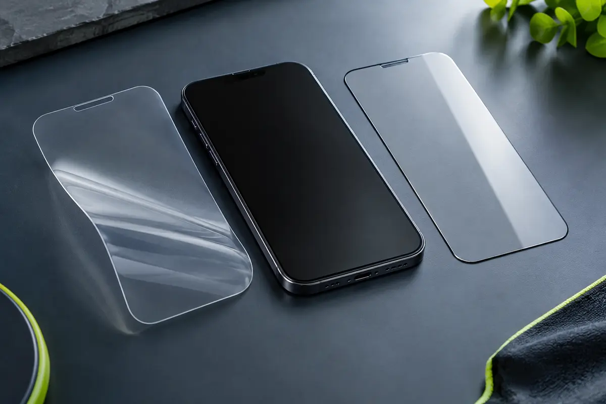 Smartphone avec film souple et verre trempé présentés côte à côte pour comparer les protections d’écran.