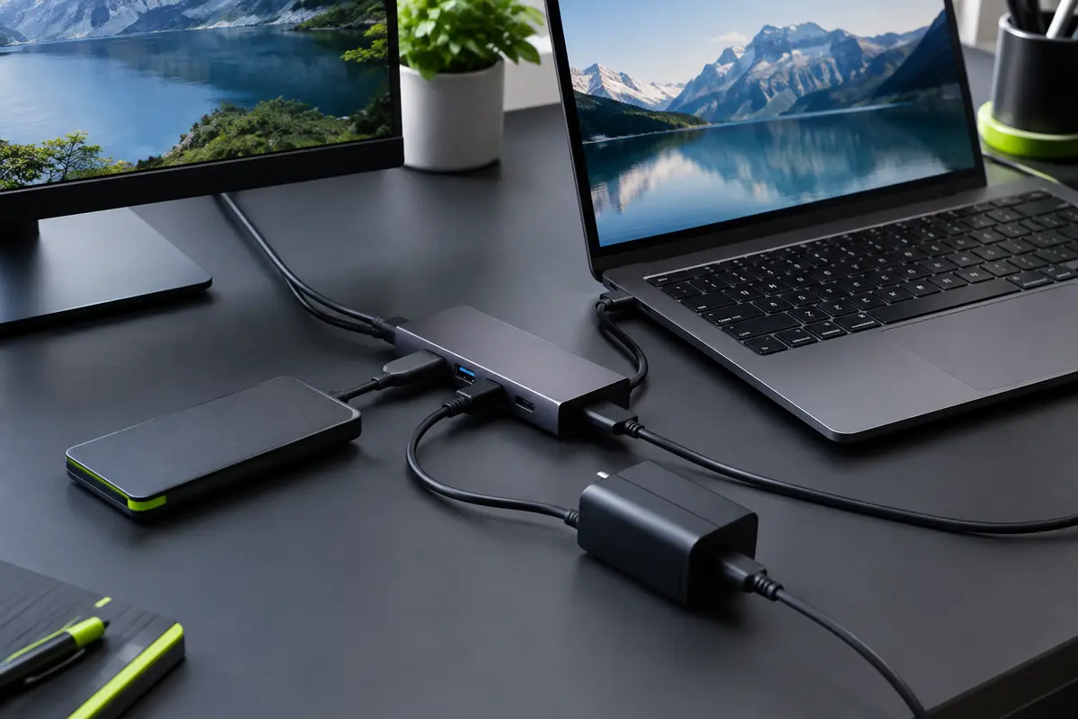 Ordinateur portable relié par un hub USB-C à un écran, un support de stockage et un chargeur