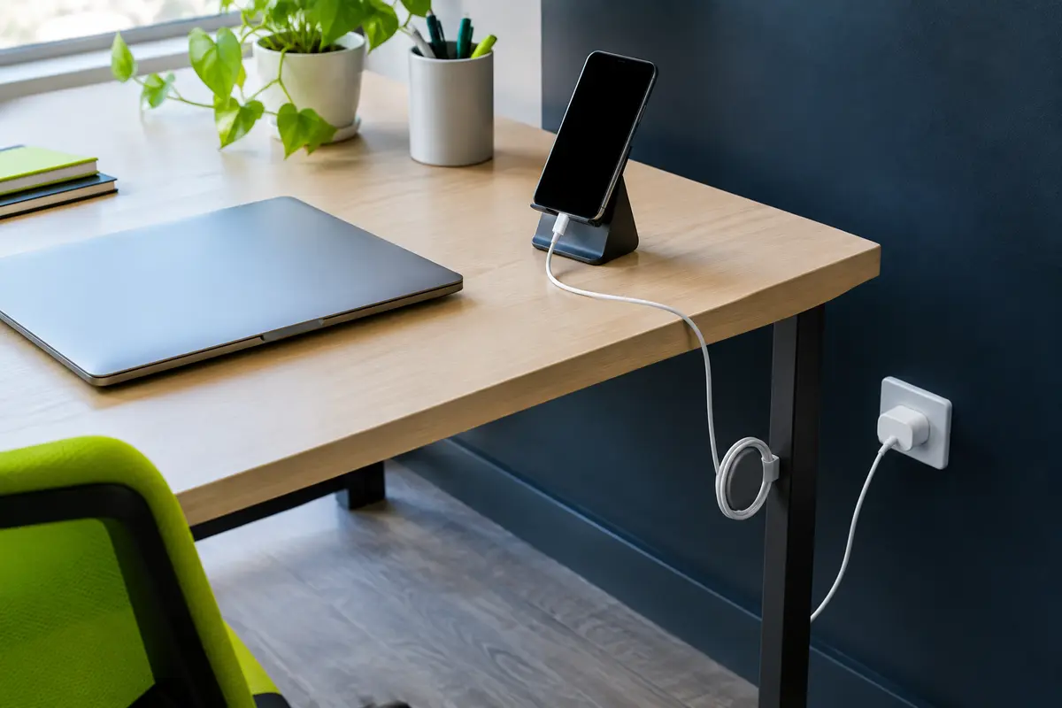Câble de charge guidé le long d’un bureau entre une prise proche et un smartphone sur support
