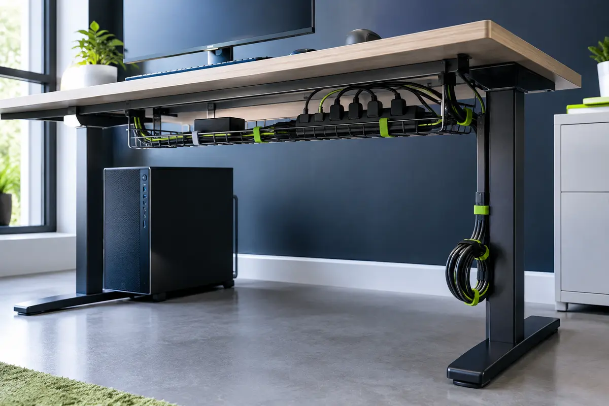 Câbles informatiques rangés sous un bureau avec prises accessibles et attaches réutilisables