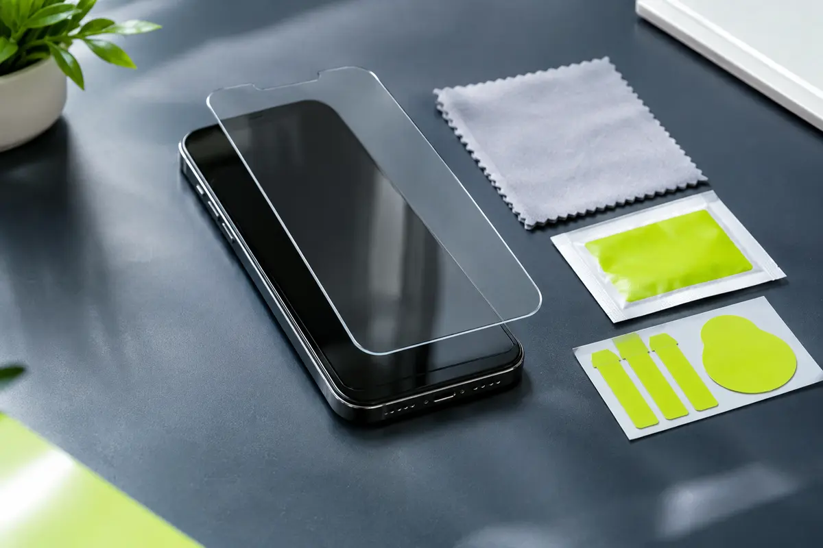Smartphone et kit de pose proprement disposés pour appliquer une protection d’écran en verre