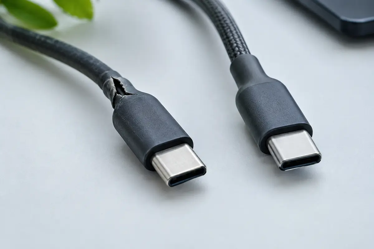 Câble de charge débranché à la gaine fendue, placé à côté d’un câble intact