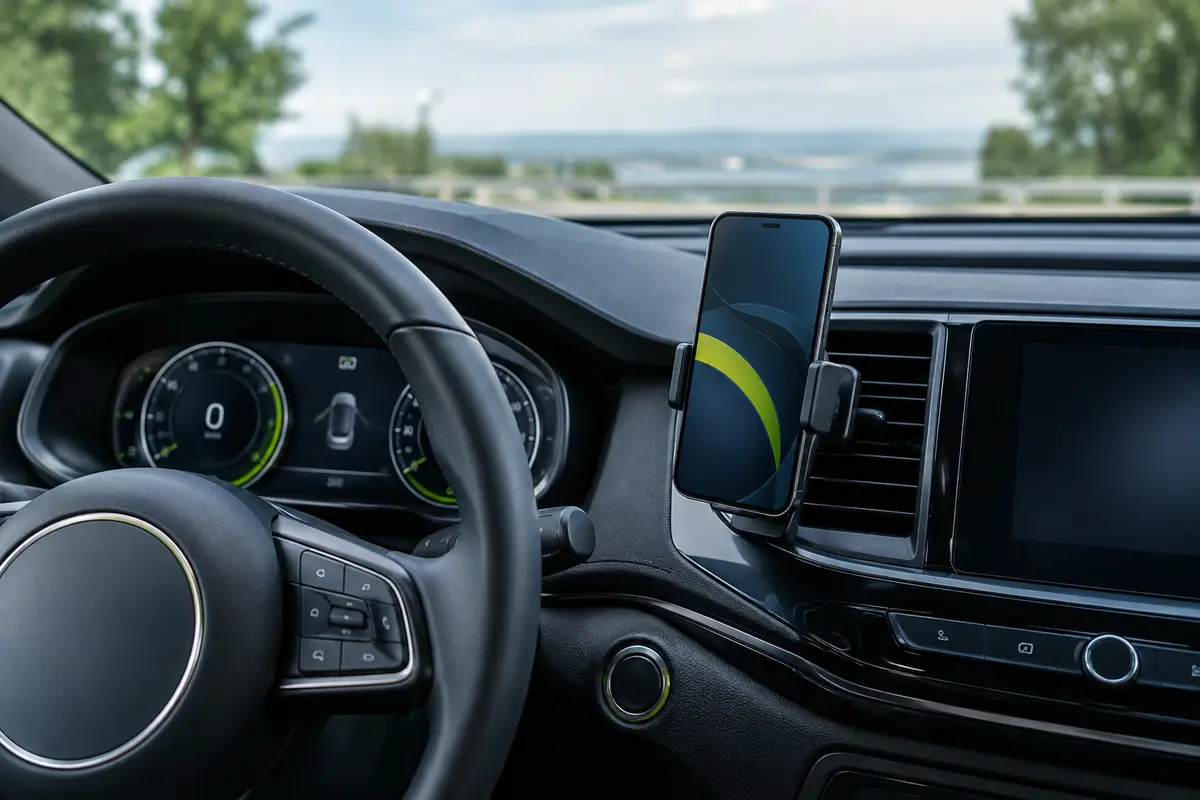 Smartphone fixé sur une grille d’aération sans masquer la route ni les instruments du tableau de bord.