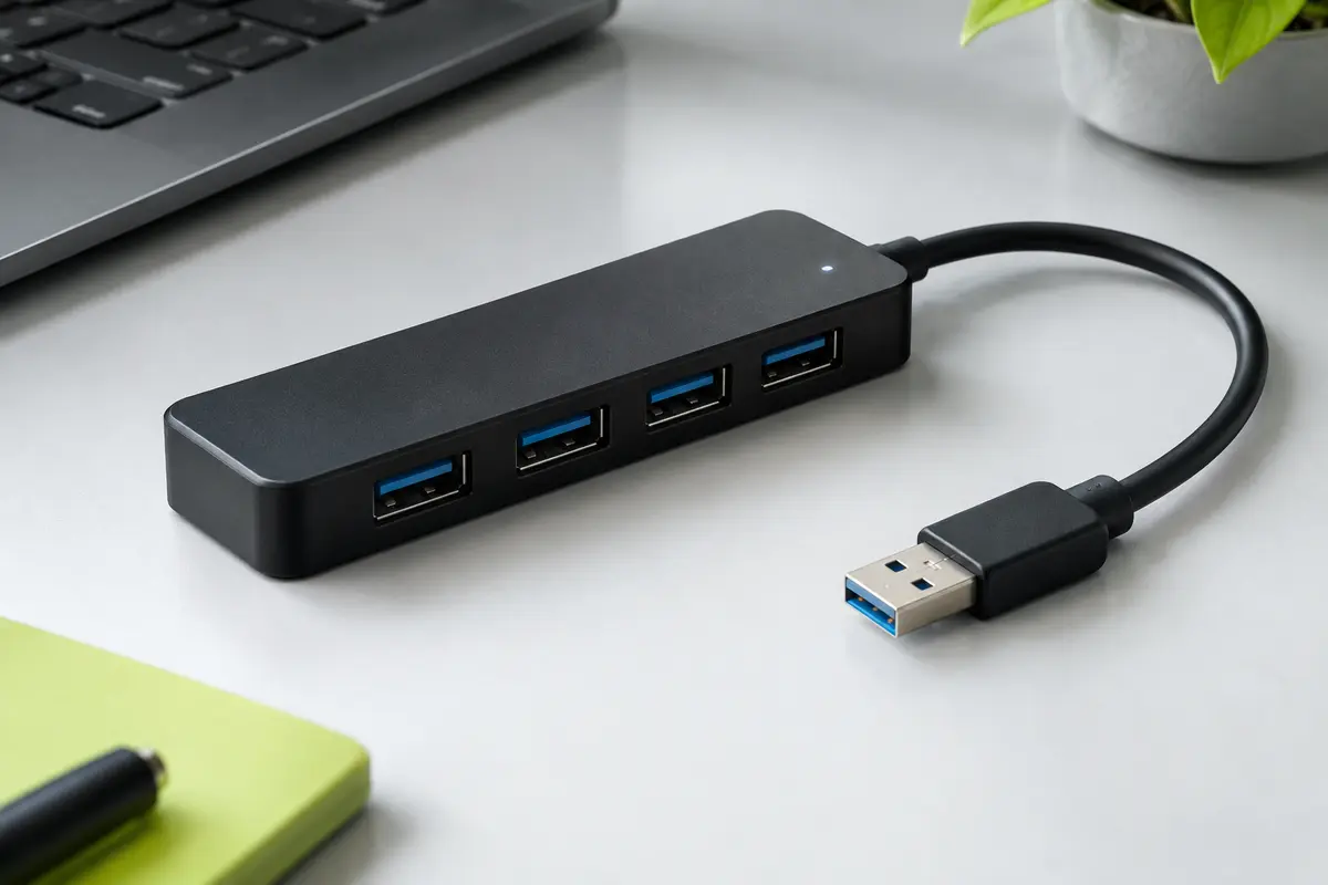 Hub USB noir à quatre ports avec câble de 1,2 m, posé sur un bureau contemporain.