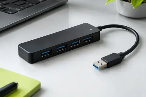Hub USB noir à quatre ports avec câble de 1,2 m, posé sur un bureau contemporain.