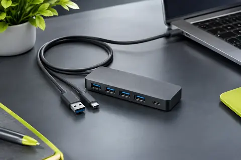 Hub USB Acer en ABS avec quatre ports USB-A, câble de 60 cm et entrée d’alimentation USB-C.