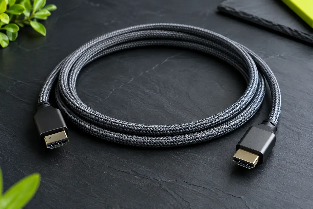 Câble HDMI Adauxter de 2 m en nylon tressé gris sidéral, présenté en boucle sur fond ardoise