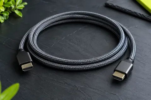 Câble HDMI Adauxter de 2 m en nylon tressé gris sidéral, présenté en boucle sur fond ardoise