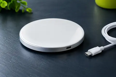 Chargeur sans fil blanc à surface en verre, posé sur un fond ardoise avec son câble USB.