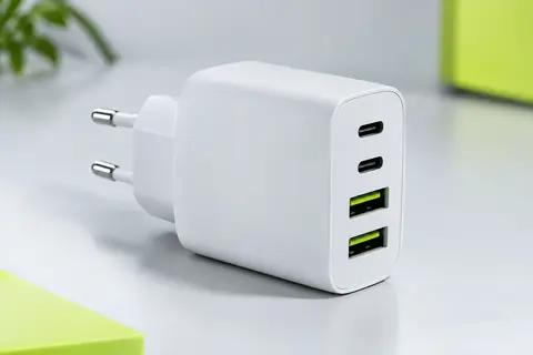 Chargeur secteur blanc Aioneus à quatre ports USB-C et USB-A, présenté seul sur un fond ardoise.