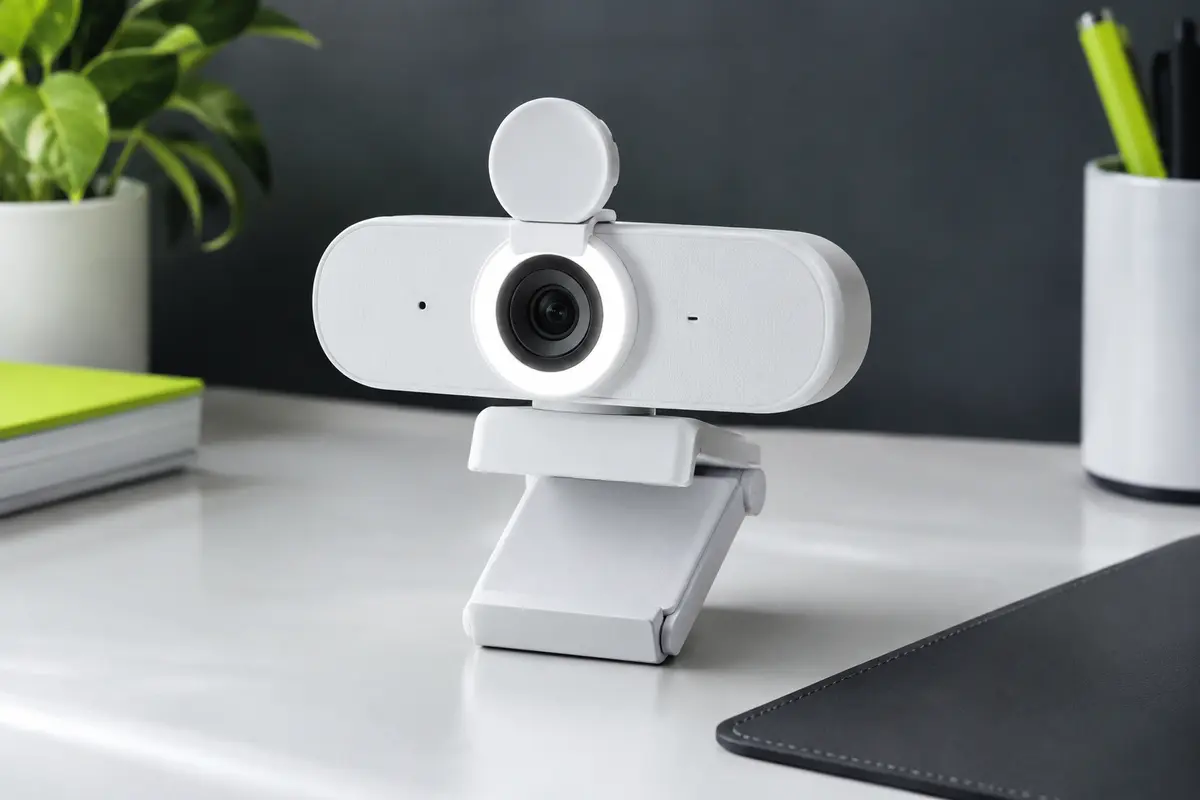 Webcam blanche avec anneau lumineux, objectif frontal et obturateur de confidentialité sur un bureau