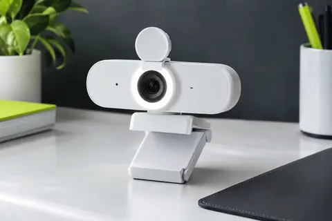 Webcam blanche avec anneau lumineux, objectif frontal et obturateur de confidentialité sur un bureau
