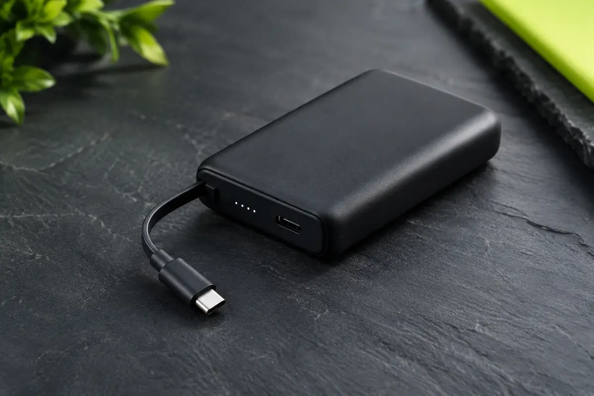 Batterie externe noire Anker Zolo de 10 000 mAh avec câble USB-C intégré sur fond ardoise.