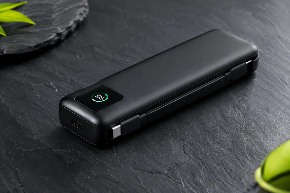 Batterie externe noire de 20 000 mAh avec câble USB-C intégré et affichage numérique, posée sur un fond ardoise