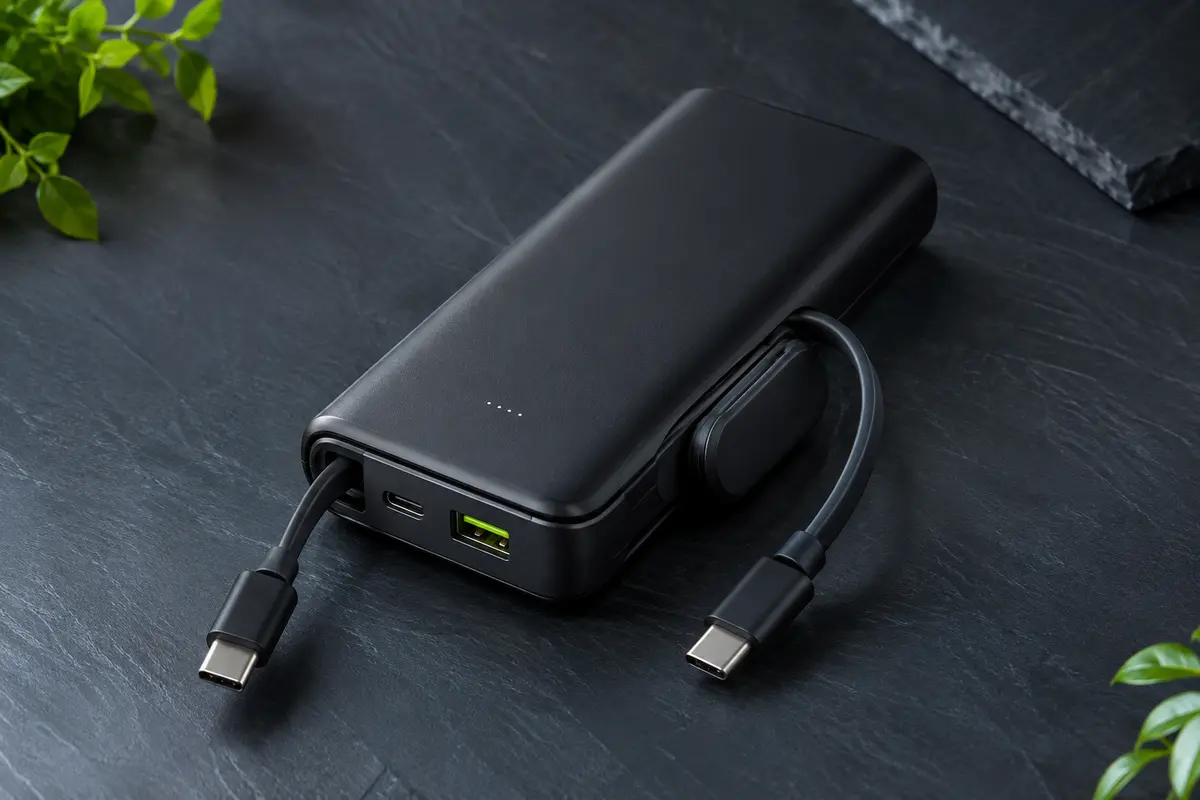 Batterie externe Anker noire avec deux câbles USB-C intégrés et plusieurs sorties sur fond ardoise