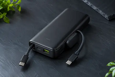 Batterie externe Anker noire avec deux câbles USB-C intégrés et plusieurs sorties sur fond ardoise