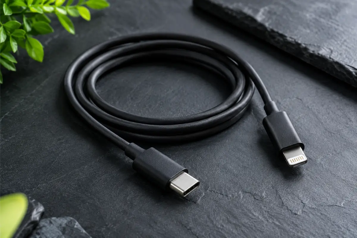 Câble Anker noir minuit USB-C vers Lightning enroulé, avec ses deux connecteurs visibles sur fond ardoise.