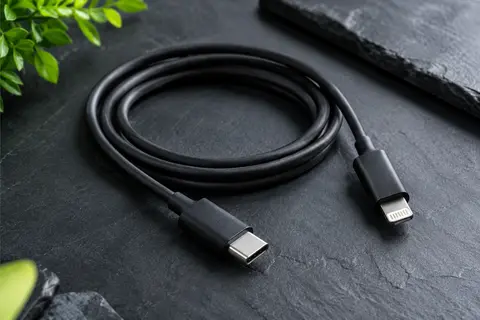 Câble Anker noir minuit USB-C vers Lightning enroulé, avec ses deux connecteurs visibles sur fond ardoise.