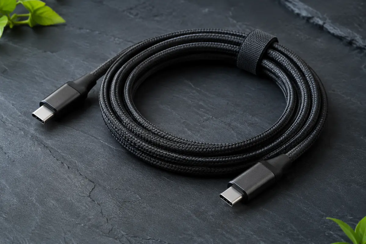 Câble Anker noir USB-C vers USB-C de 1,8 m, enroulé sur un fond ardoise.