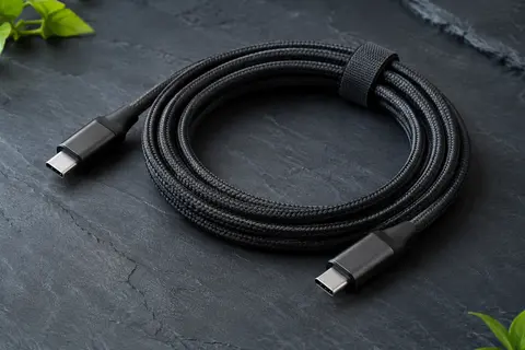 Câble Anker noir USB-C vers USB-C de 1,8 m, enroulé sur un fond ardoise.