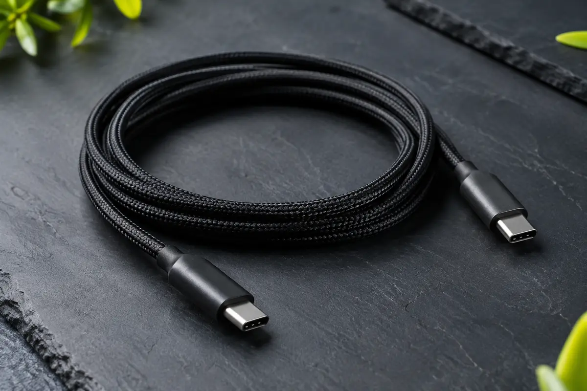 Câble USB-C Anker noir de 3 m en nylon, disposé en boucle avec ses deux connecteurs visibles sur fond ardoise.