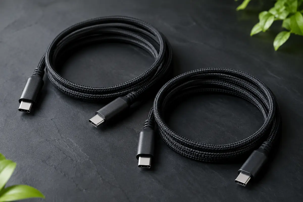 Deux câbles USB-C noirs en nylon tressé, enroulés sur un fond ardoise avec leurs connecteurs visibles.