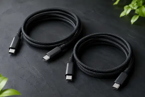 Deux câbles USB-C noirs en nylon tressé, enroulés sur un fond ardoise avec leurs connecteurs visibles.