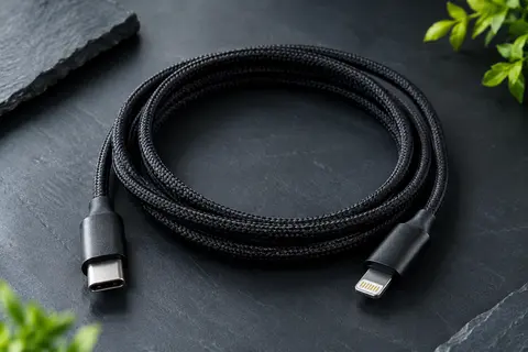 Câble noir USB-C vers Lightning en nylon tressé, présenté en boucle sur un fond ardoise.
