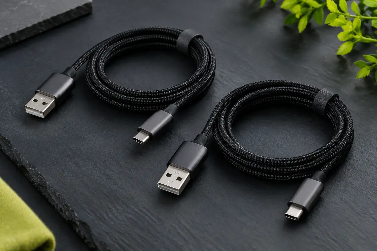 Deux câbles USB-A vers USB-C noirs en nylon, présentés enroulés sur un fond ardoise