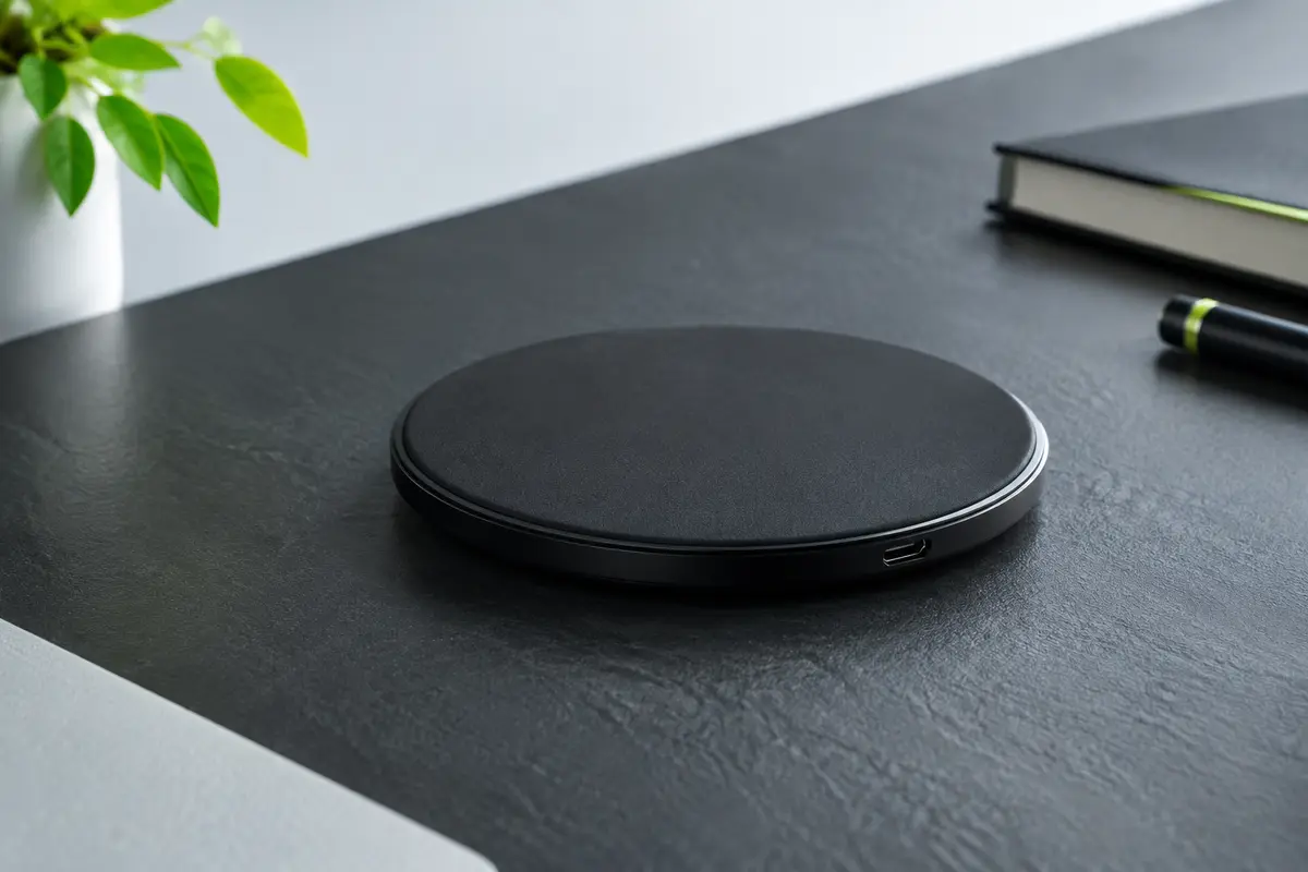 Pad de charge sans fil noir posé sur un bureau contemporain, avec son entrée micro USB visible