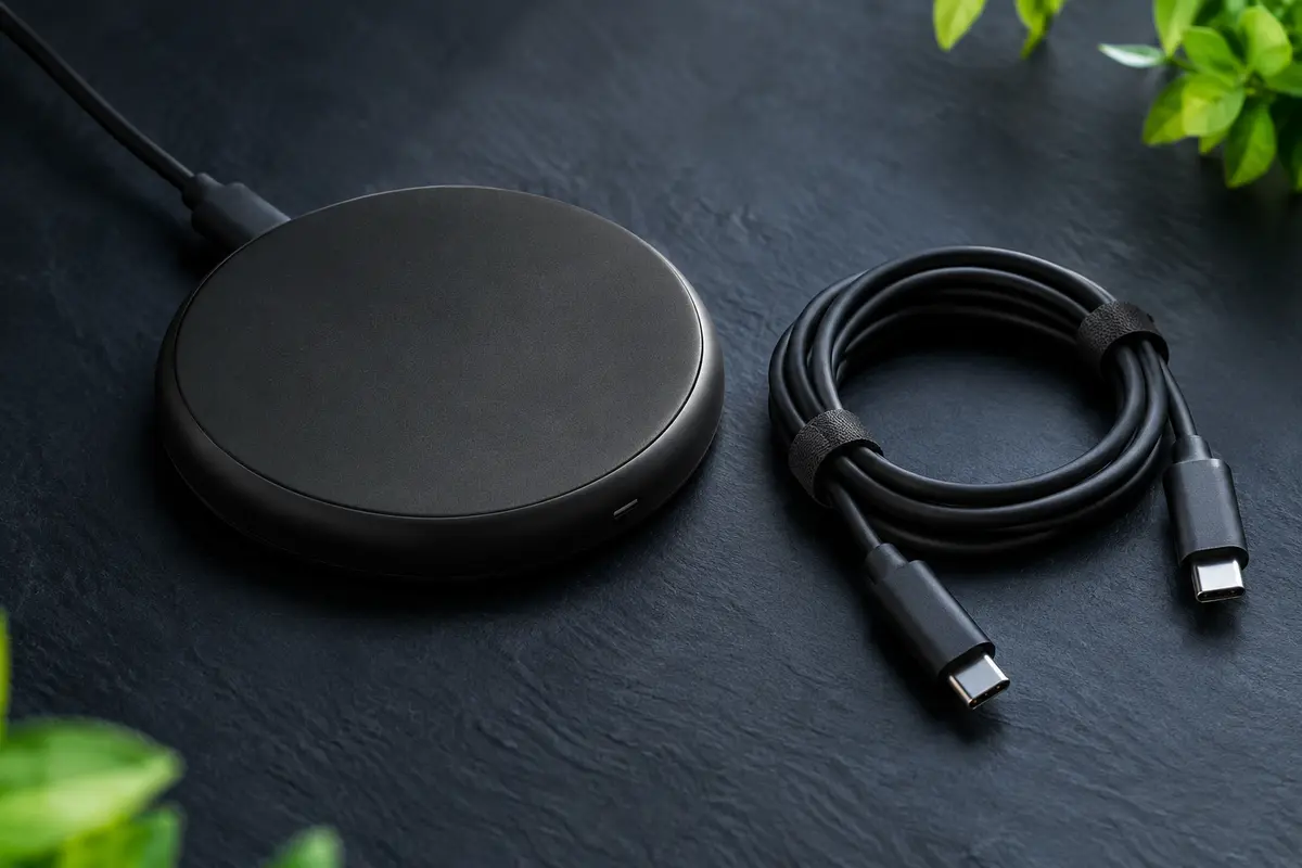 Chargeur sans fil magnétique Anker Zolo noir avec câble USB-C posé sur un fond ardoise éclairé en douceur.