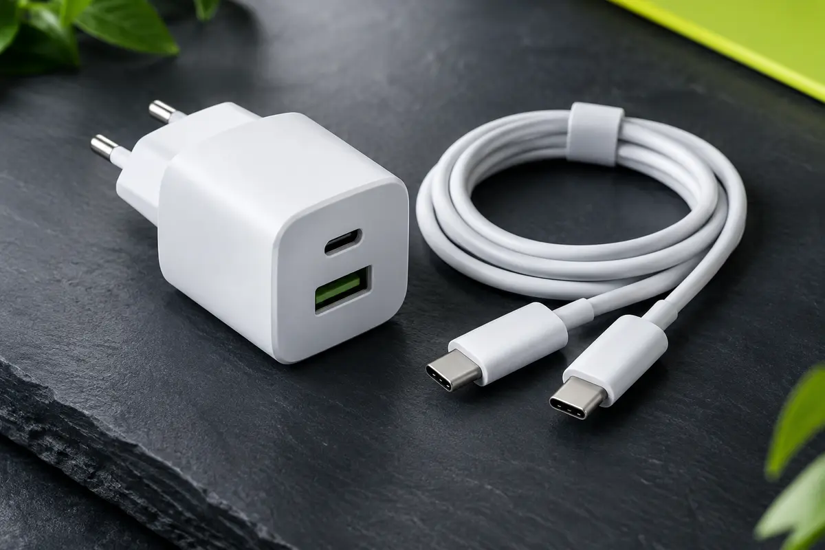 Chargeur secteur blanc Anker à deux ports USB-C et USB-A avec câble USB-C vers USB-C