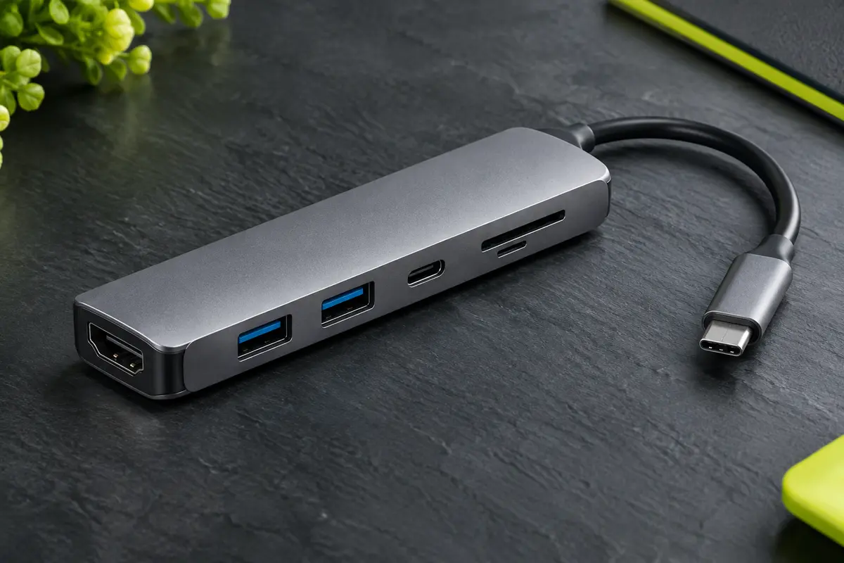 Concentrateur USB-C Anker gris en aluminium avec ports USB, HDMI et lecteurs de cartes SD