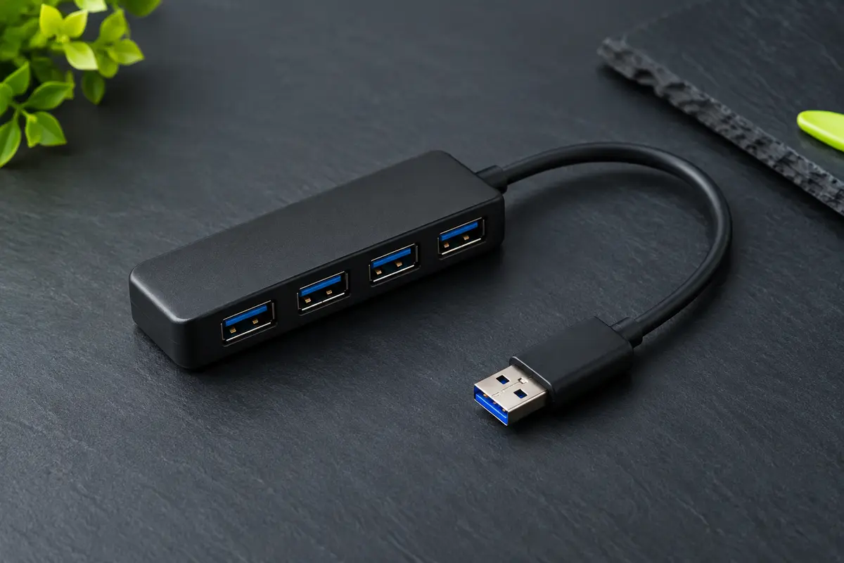 Hub USB Anker noir à quatre ports, posé sur un fond ardoise avec son câble de 60 cm.
