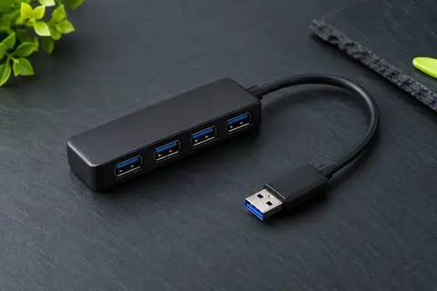 Hub USB Anker noir à quatre ports, posé sur un fond ardoise avec son câble de 60 cm.