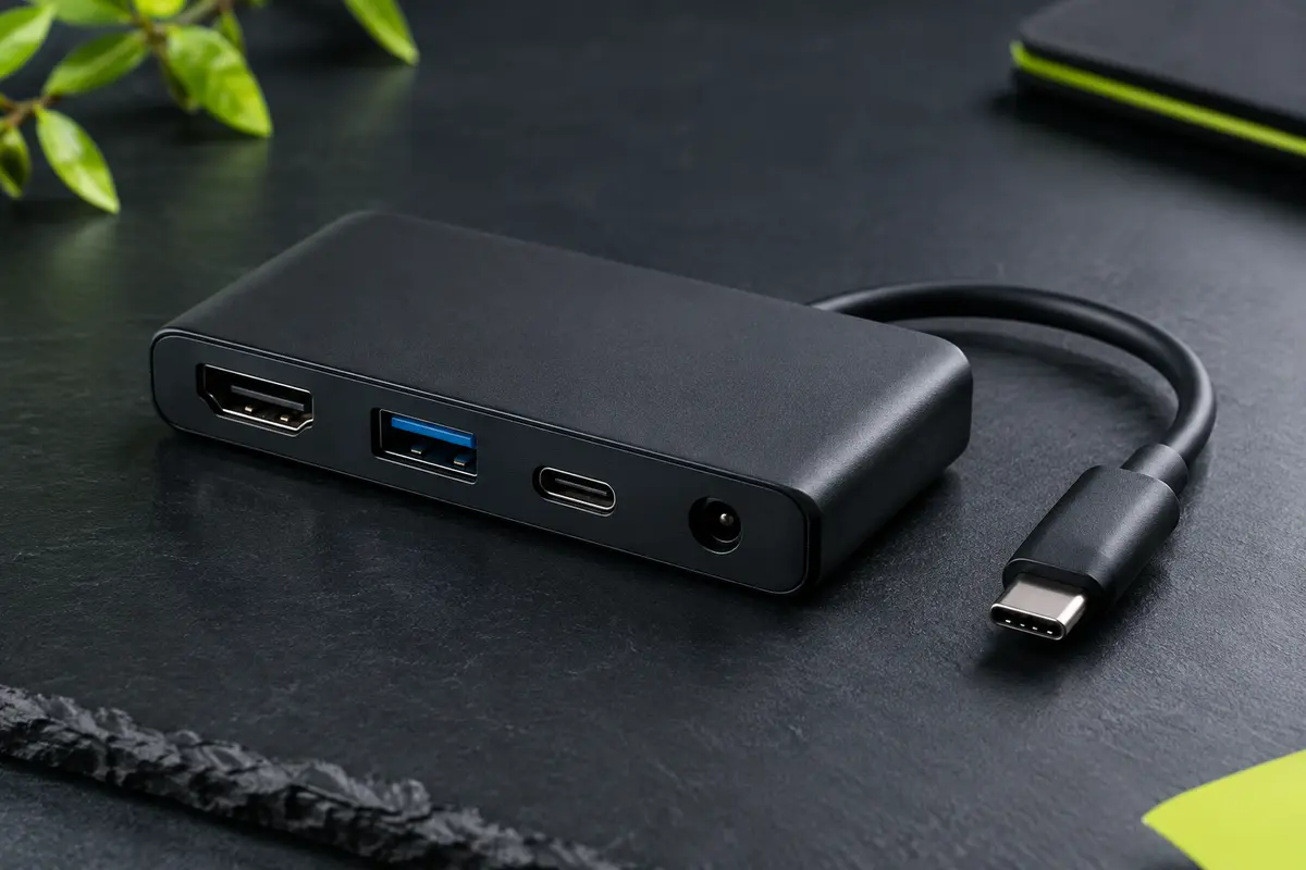 Hub USB-C Anker noir en polycarbonate, avec ports HDMI, USB-A, USB-C et alimentation